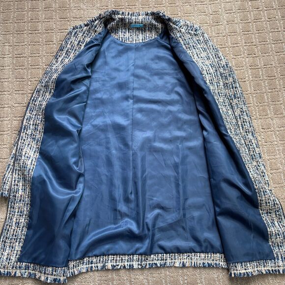 J. McLaughlin Tweed Coat Jacket Women's L Blue Tan Zip Up Preppy Frayed Trim - Picture 5 of 8